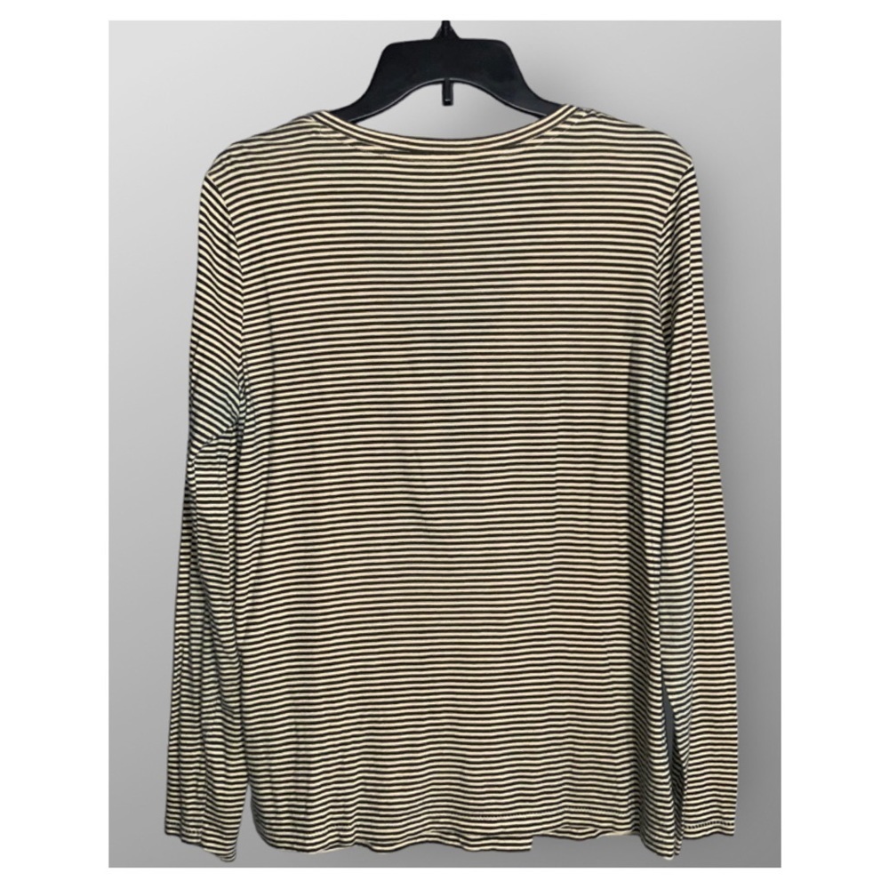 LOFT Black & Tan Striped V-Neckline Long Sleeve Ruffle Cotton Top L - Picture 2 of 5